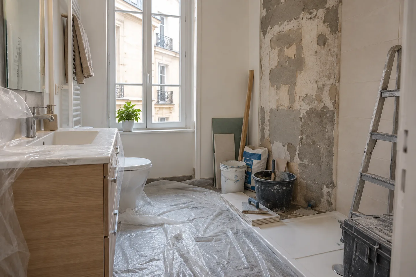 Salle de bain d’appartement protégée pendant des travaux de rénovation