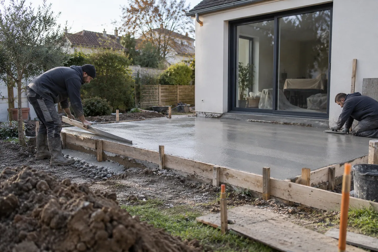 Artisans travaillant sur une dalle en béton devant une extension résidentielle