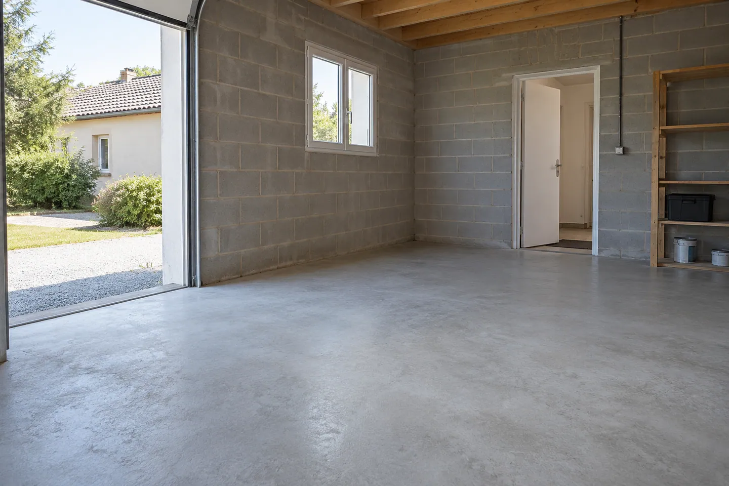 Sol en béton dans un garage résidentiel prêt à recevoir son aménagement