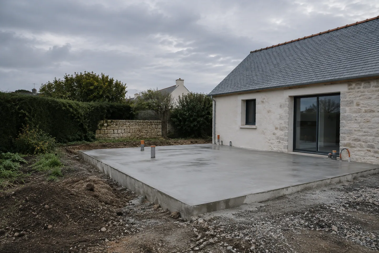 Dalle en béton devant une extension résidentielle en cours d’aménagement