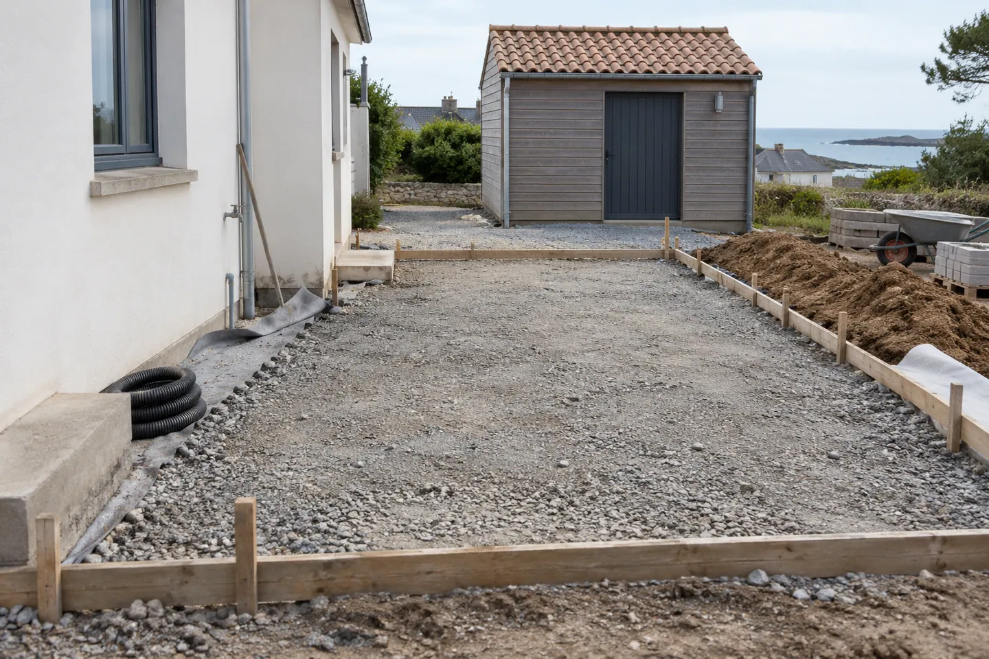 Terrain préparé devant une maison avant la réalisation d’un ouvrage en béton