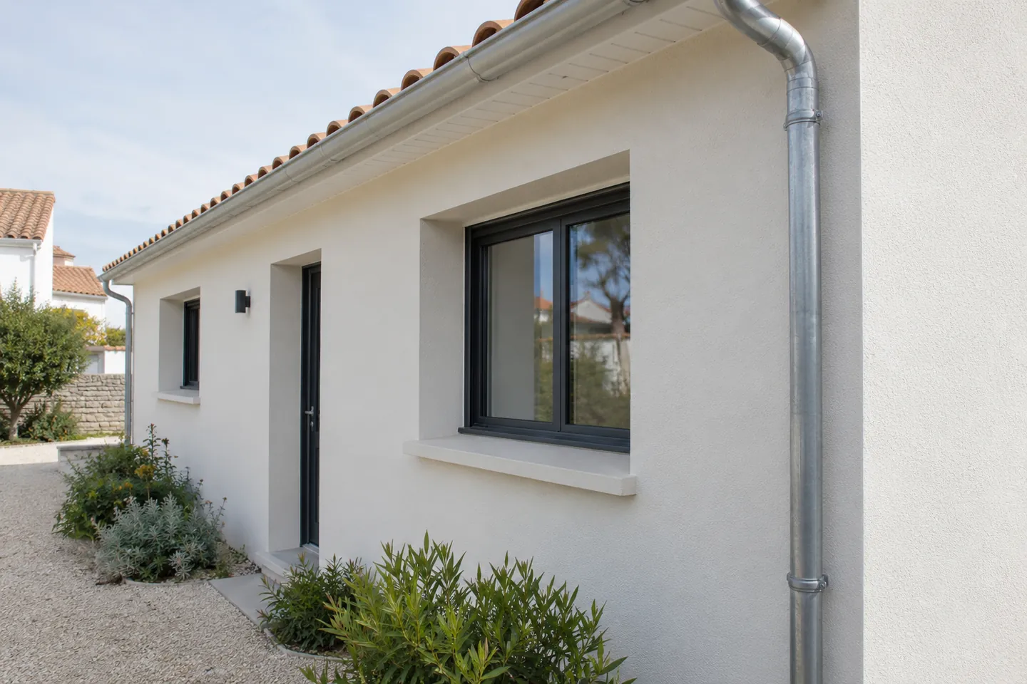 Façade après isolation extérieure, avec appui, gouttière et débord de toiture visibles