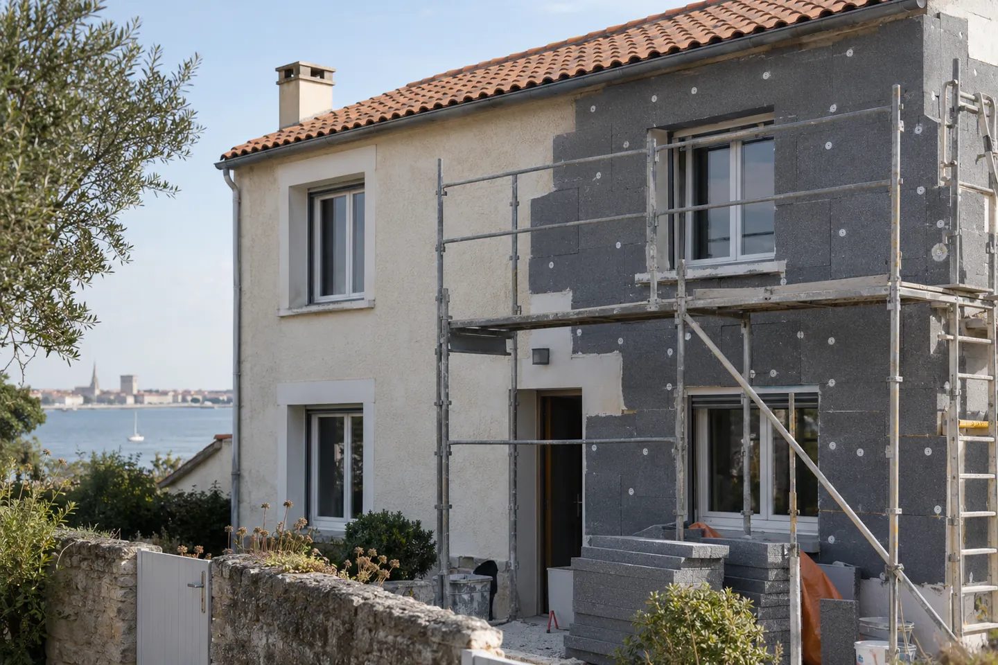 Façade d’une maison en cours d’isolation thermique par l’extérieur, visuel illustratif