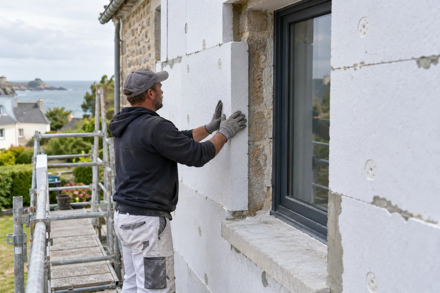 Pose illustrative d’un panneau isolant en façade près d’une fenêtre