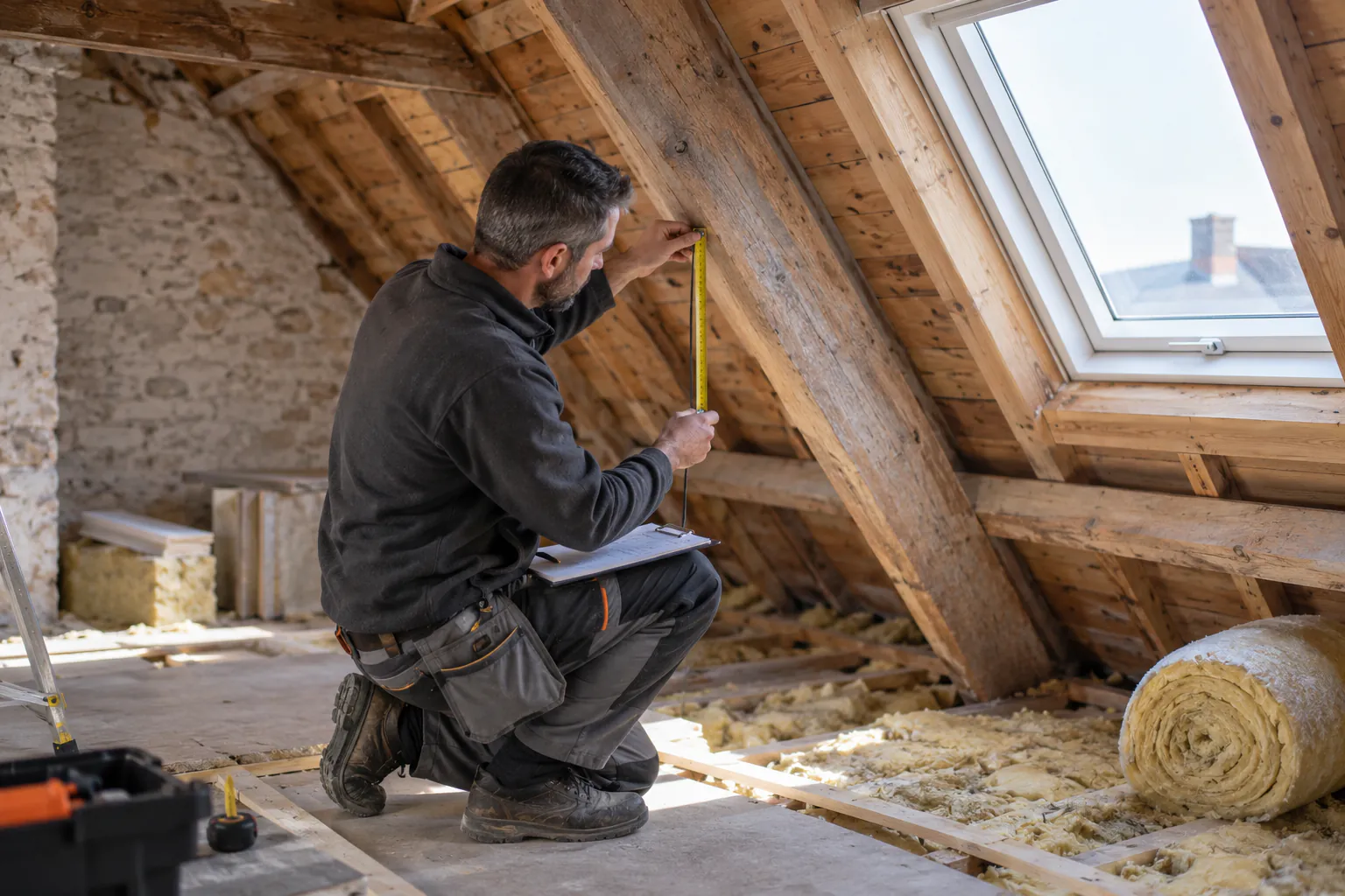 Un professionnel examine la charpente et l’isolation dans les combles d’une maison
