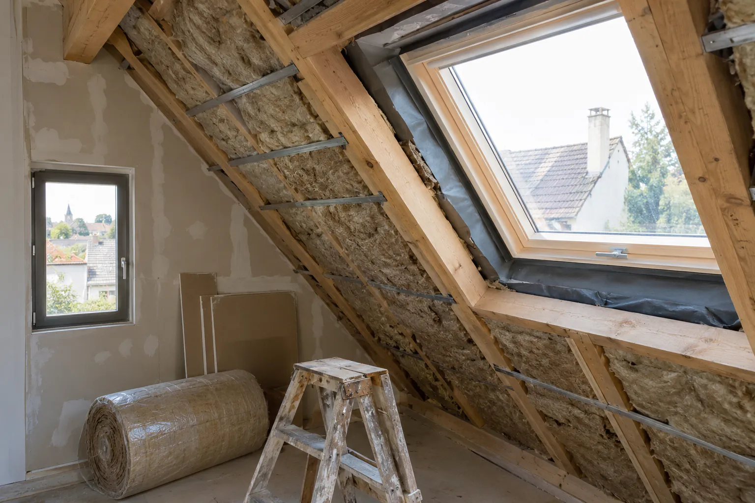Rampants de combles aménagés avec isolation visible autour d’une fenêtre de toit