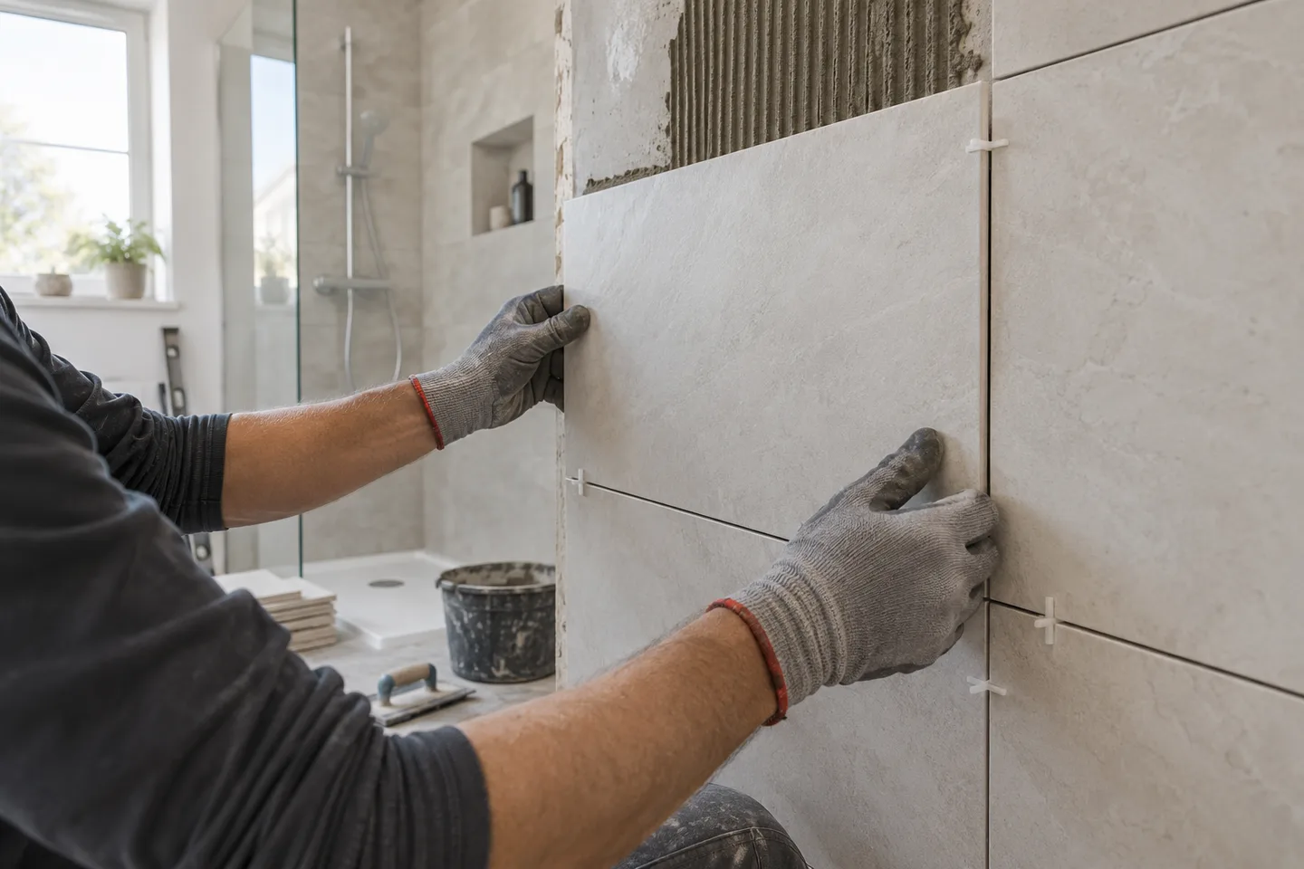 Carreleur qui pose un carreau mural dans une salle de bain en rénovation