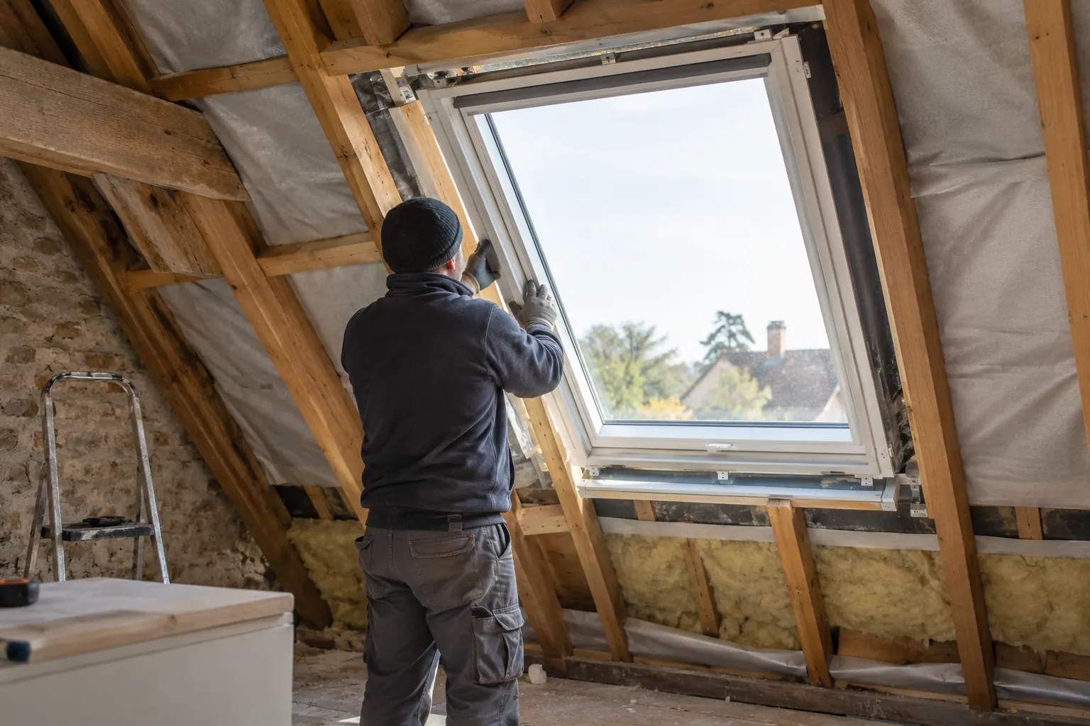 Professionnel préparant une fenêtre de toit dans des combles en rénovation
