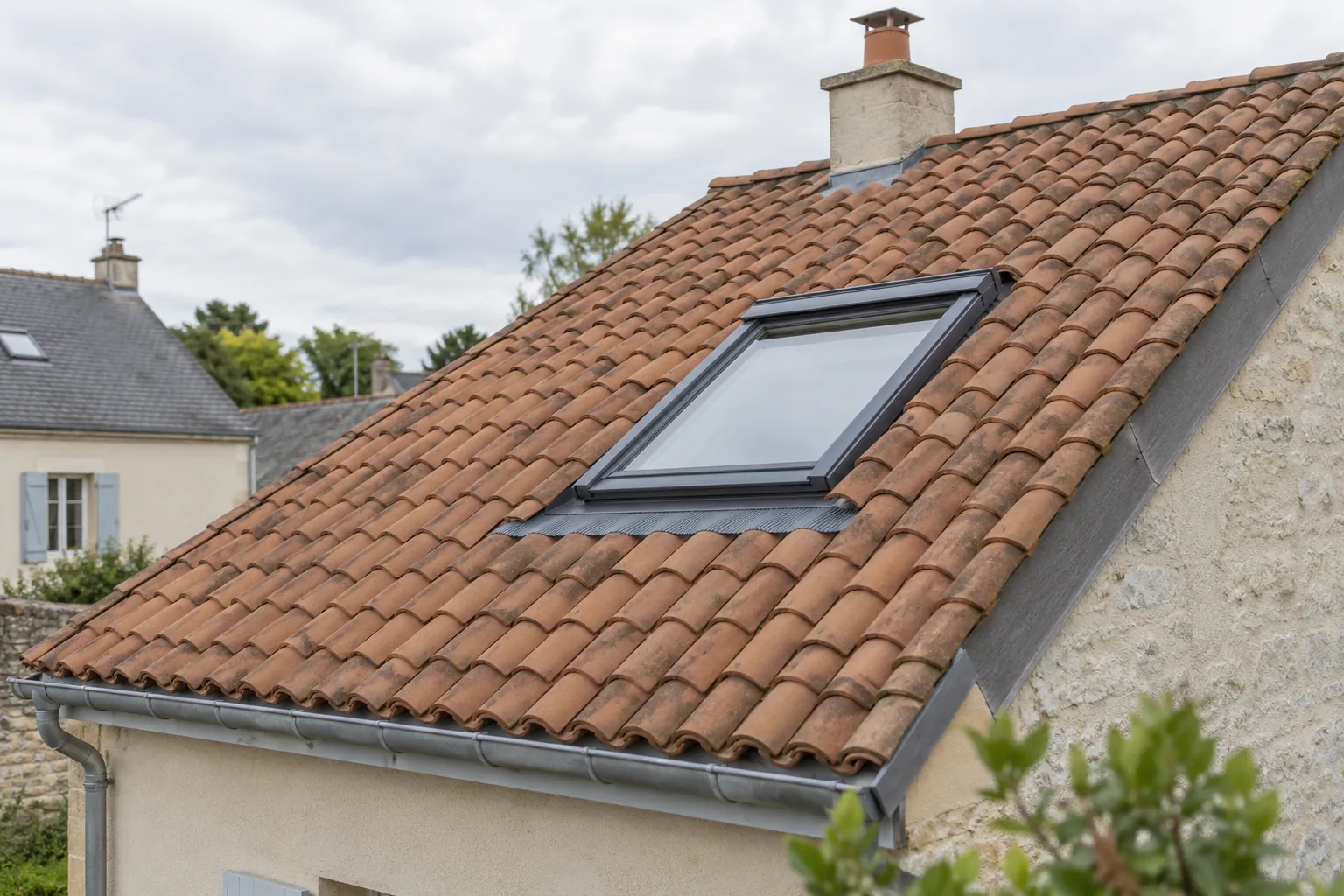 Fenêtre de toit intégrée à une toiture résidentielle en tuiles