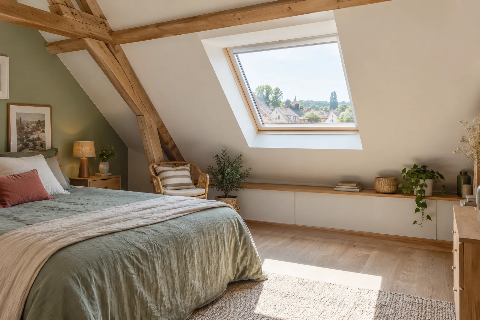 Chambre aménagée sous les toits éclairée par une fenêtre de toit