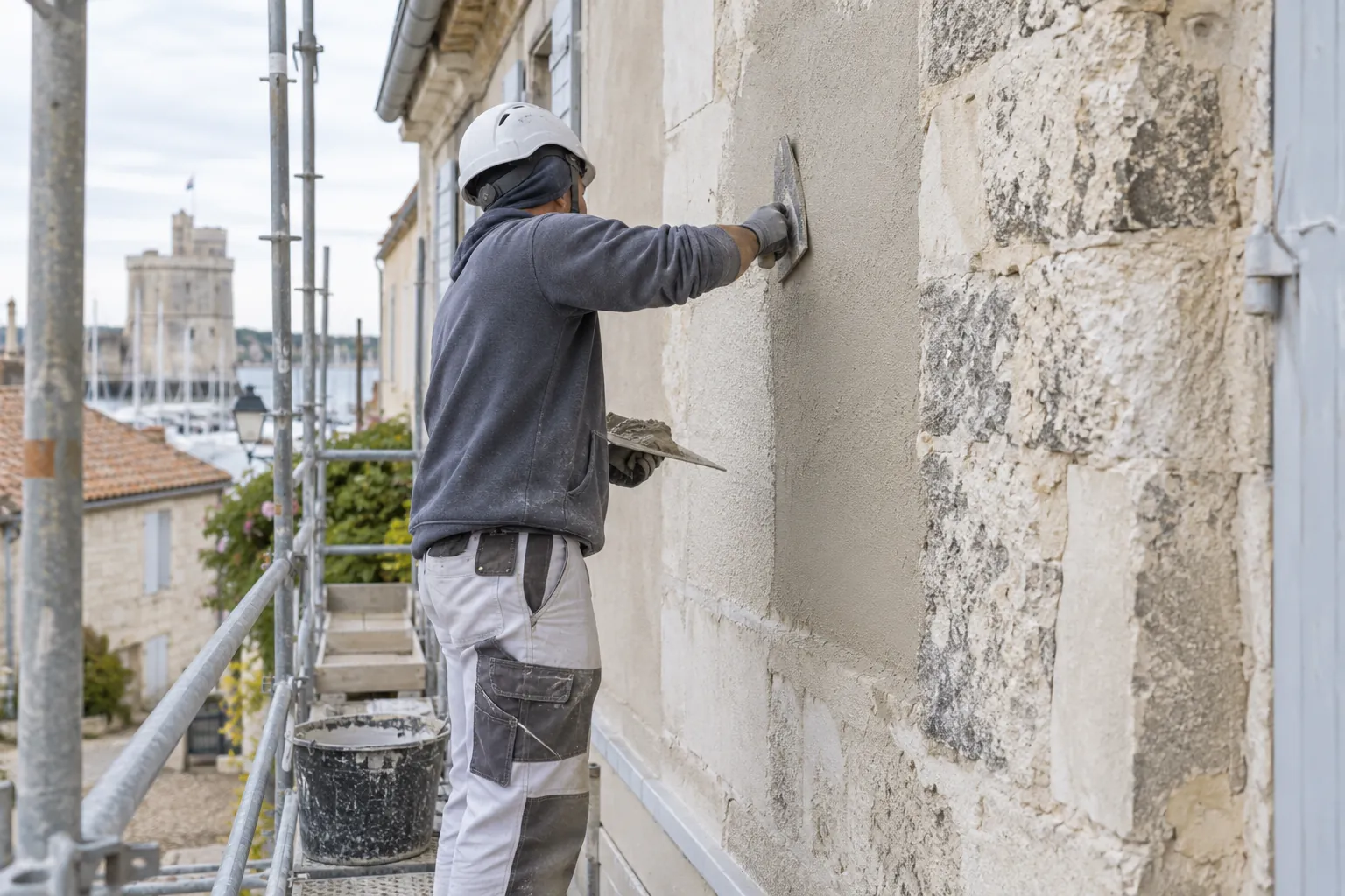 Façadier en équipement de protection préparant une surface extérieure, scène illustrative