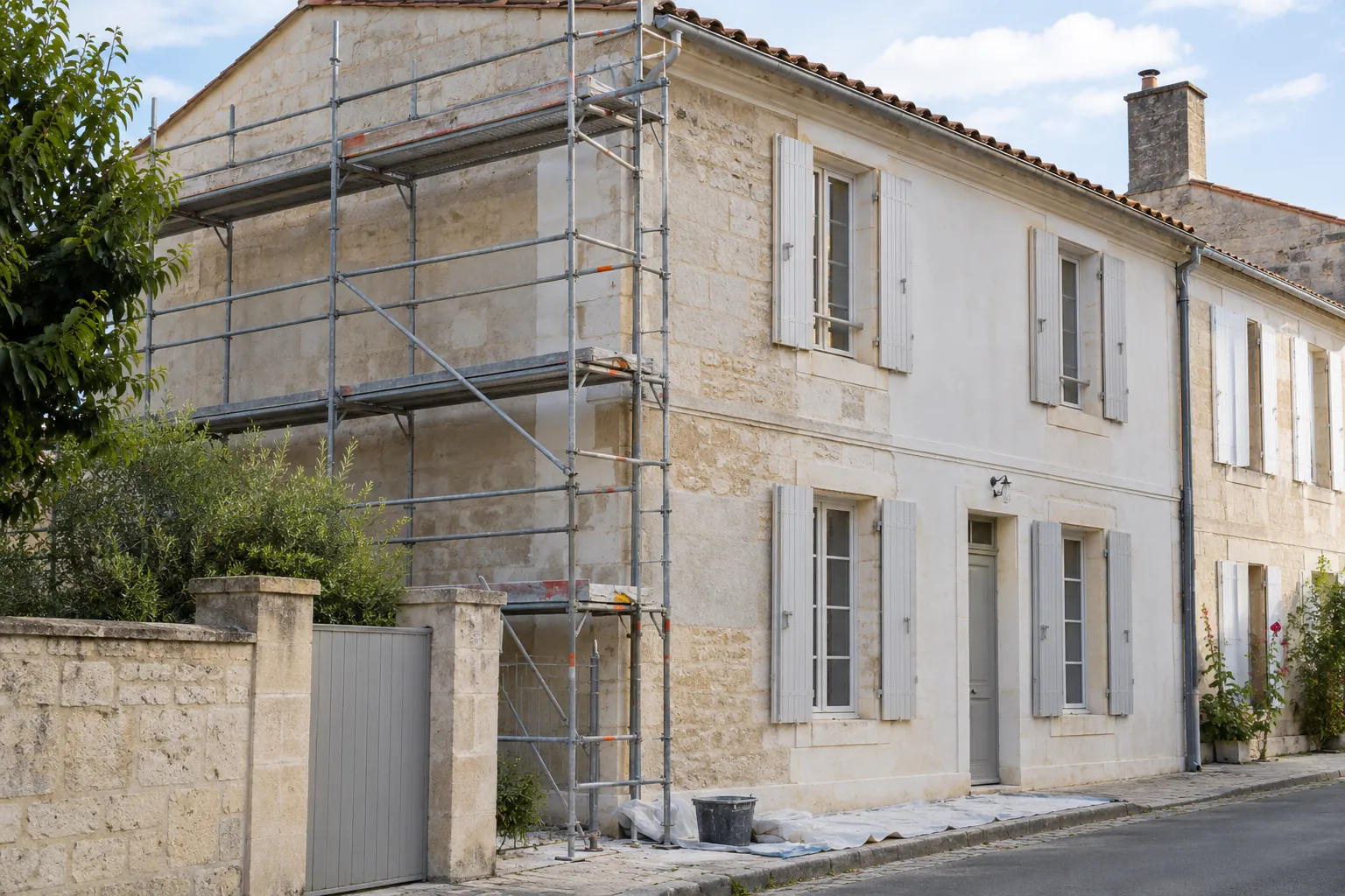 Maison charentaise générique avec échafaudage pour illustrer un projet de rénovation de façade