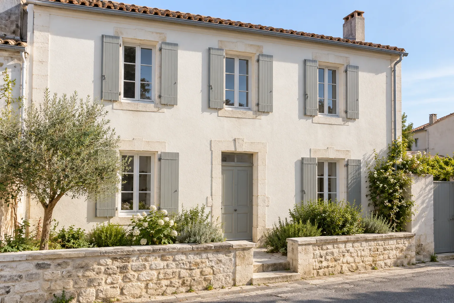 Maison charentaise générique à la façade claire après rénovation, illustration d’ambiance