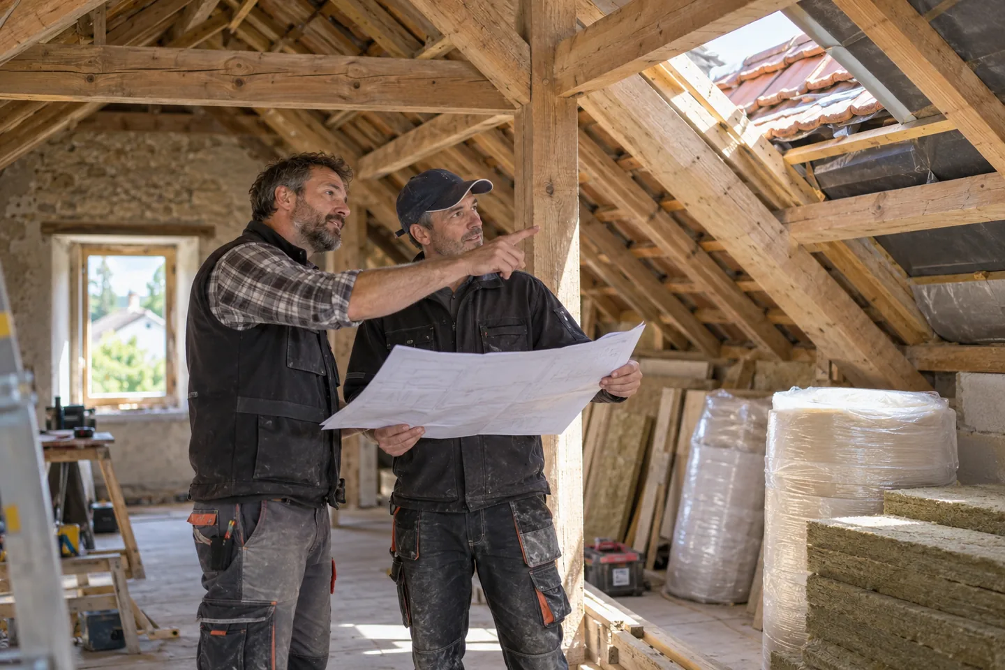 Deux artisans consultent un plan sous une charpente avant la coordination des travaux