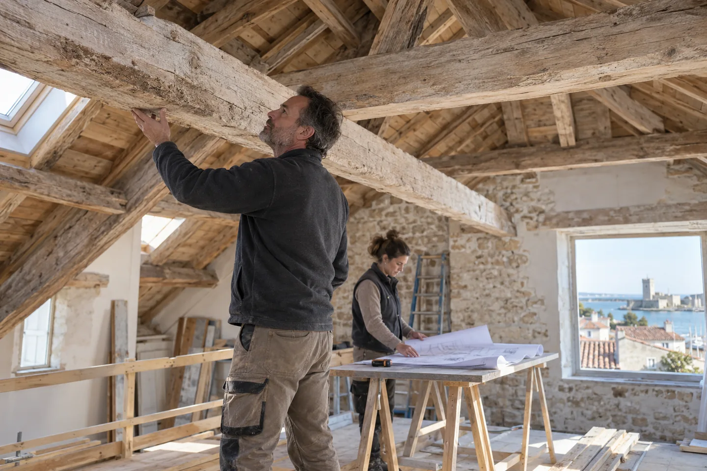 Professionnel observant une charpente en bois dans une maison ancienne