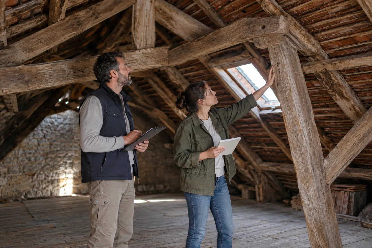 Deux professionnels observent une charpente ancienne et prennent des notes