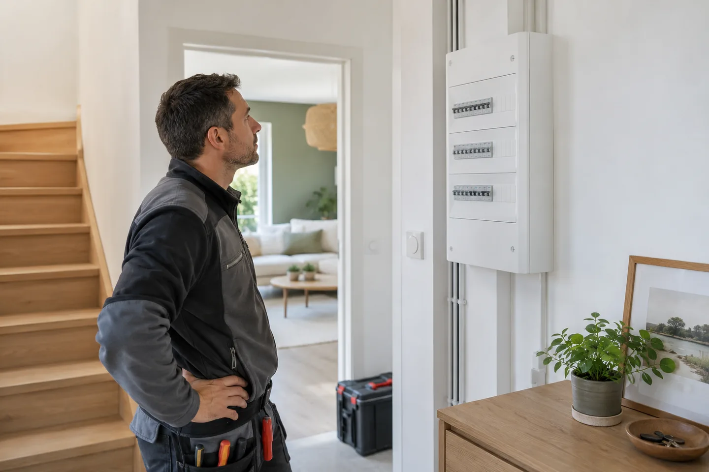 Électricien examinant un tableau électrique résidentiel