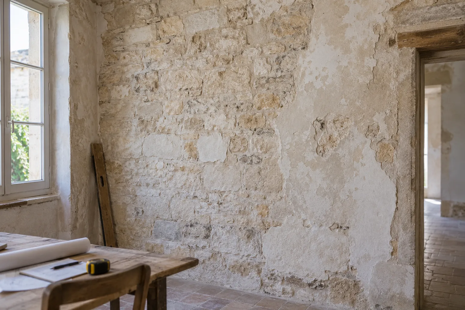 Mur ancien en pierre et enduit dans une maison rochelaise en préparation de rénovation