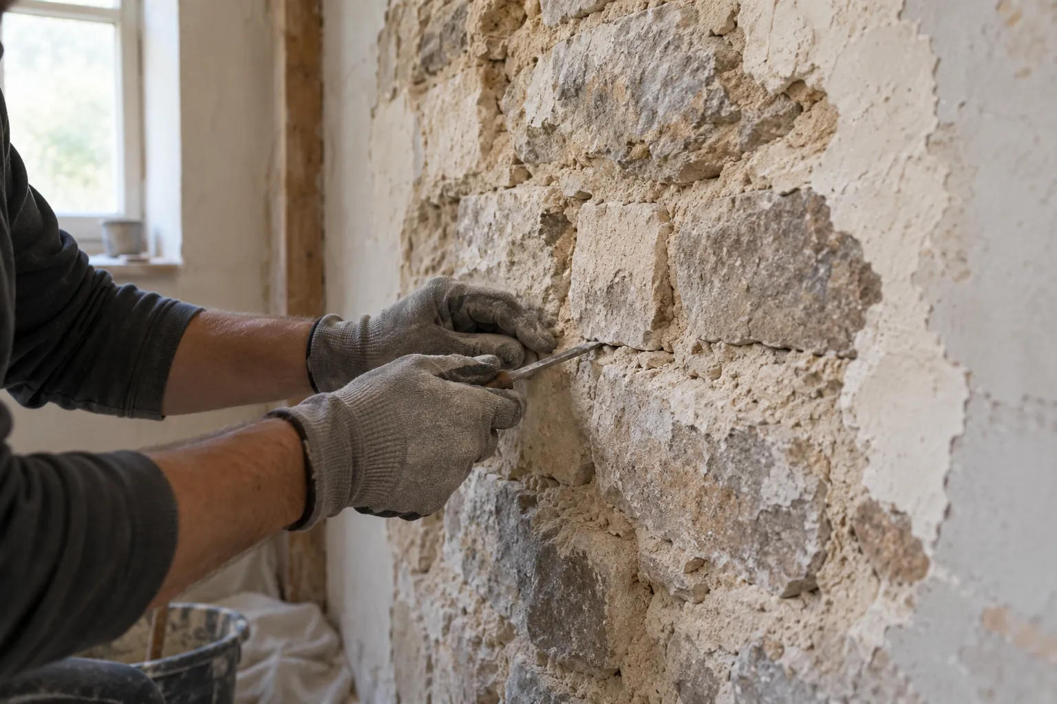Examen illustratif d’un joint dans un mur ancien en pierre pendant une rénovation
