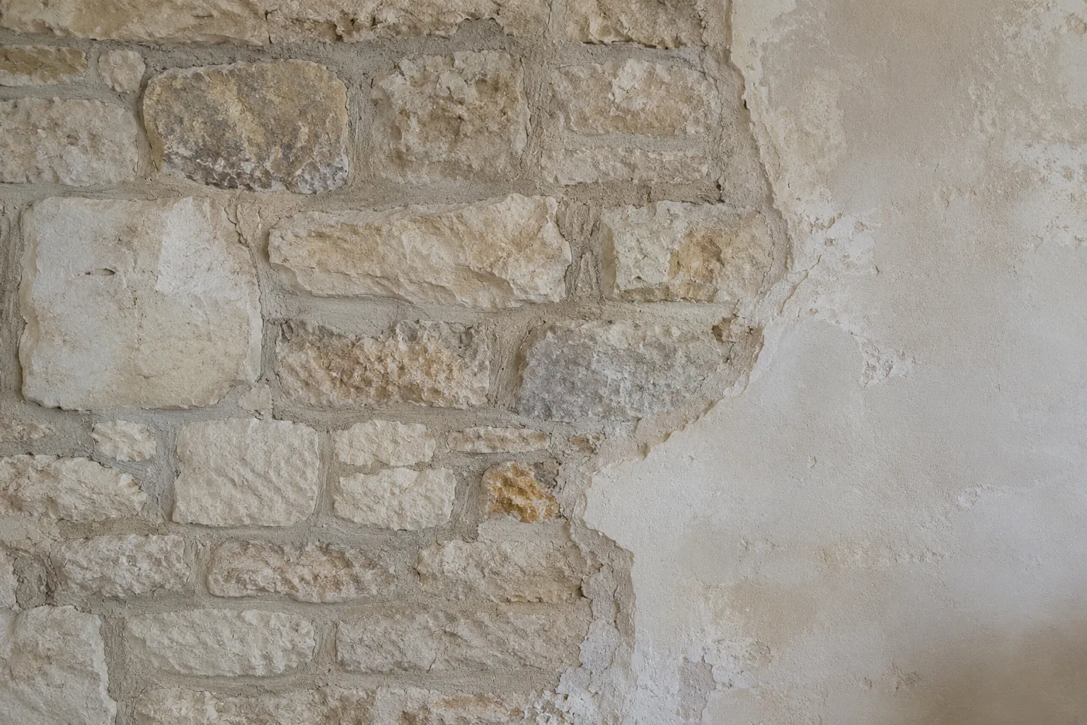 Détail illustratif de la transition entre une maçonnerie en pierre et un enduit ancien