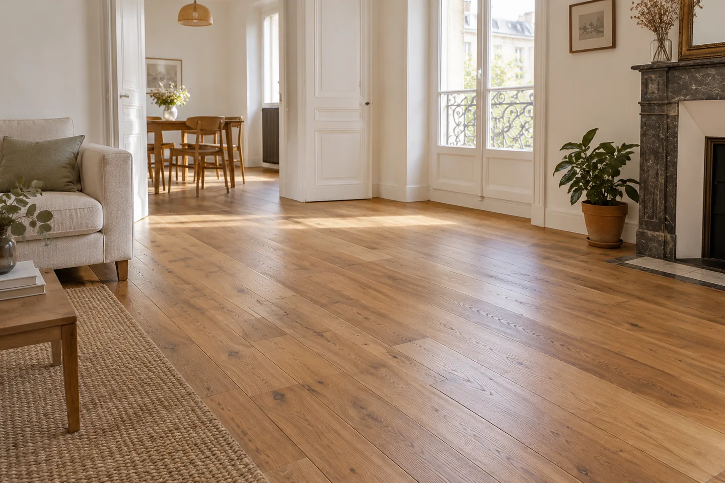 Parquet en bois rénové dans un intérieur résidentiel sobre