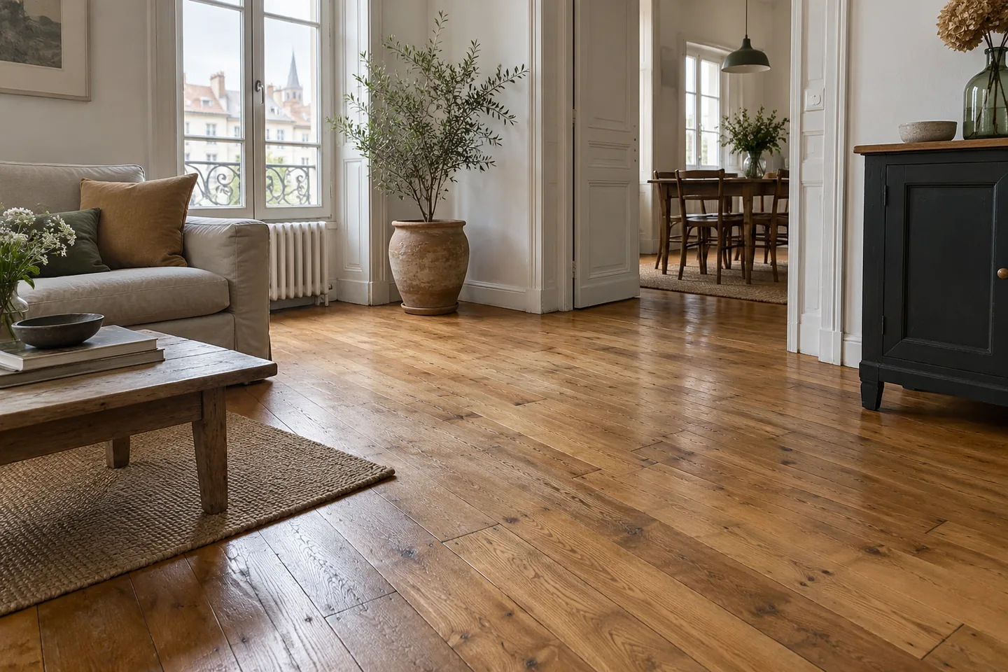 Parquet ancien en bois dans un intérieur résidentiel