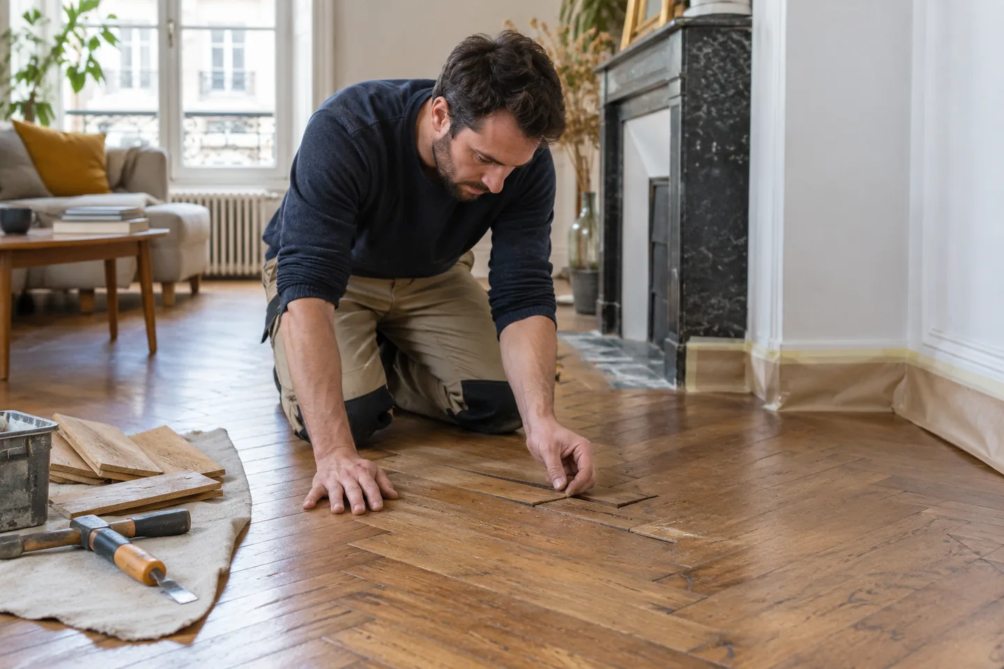 Professionnel examinant une lame abîmée de parquet ancien