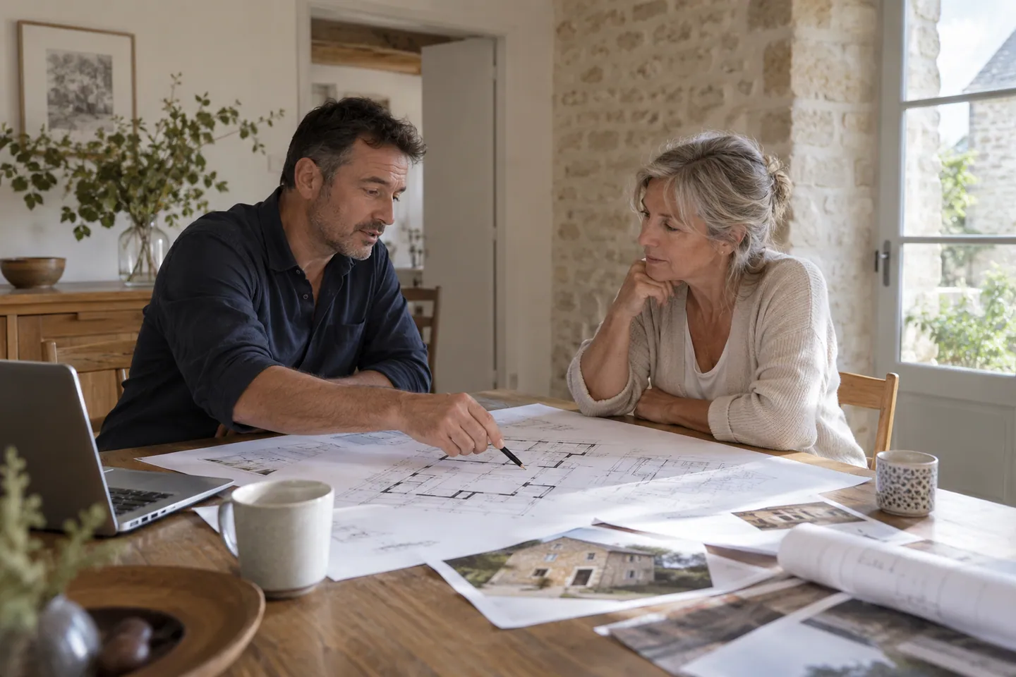 Un professionnel et une propriétaire échangent autour des plans d’une maison ancienne