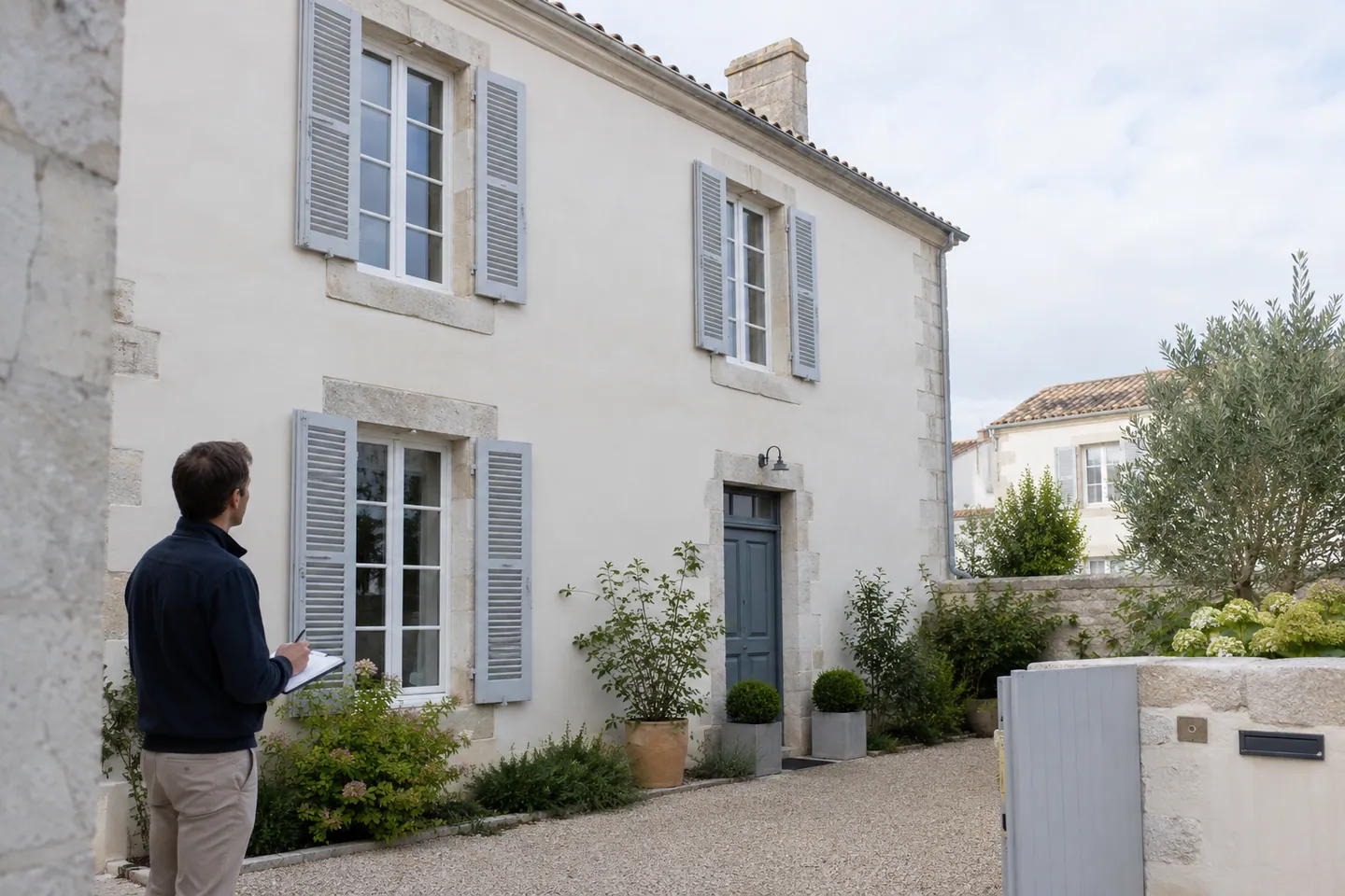 Professionnel observant une maison ancienne avant un projet de rénovation structurelle
