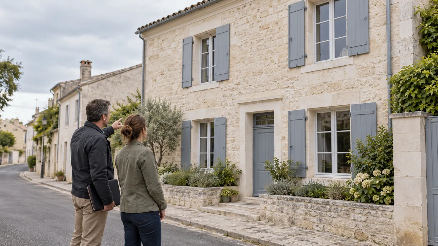 Deux personnes observent la façade d’une maison ancienne avant une évaluation professionnelle
