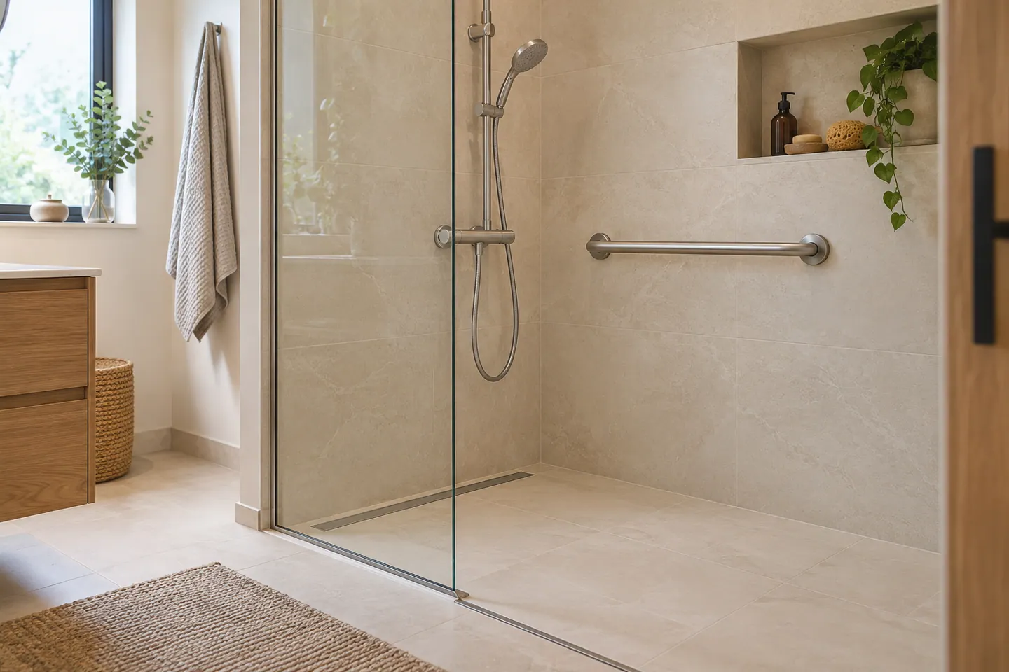 Douche à seuil bas avec barre d’appui fixée au mur et accès dégagé, visuel illustratif