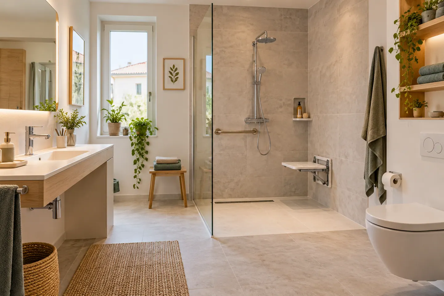 Salle de bain résidentielle avec douche à accès bas, barre d’appui et espace de circulation, visuel illustratif
