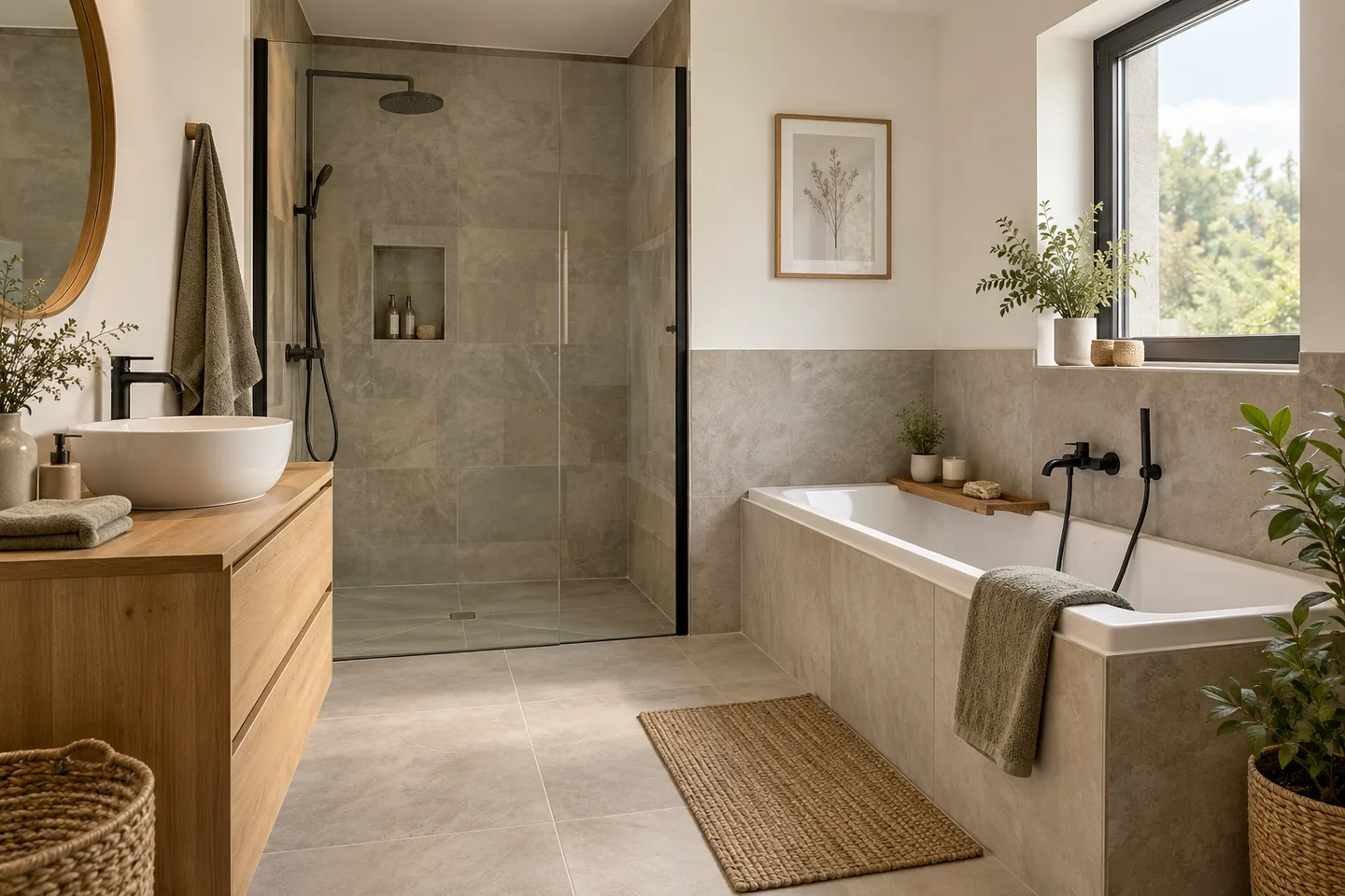 Salle de bain rénovée avec douche vitrée, baignoire et vasque en bois naturel